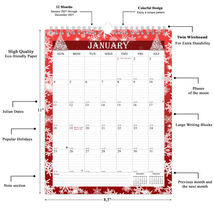 2027 Wall Calendar Spiral-Bound Twin-Wire Binding - 12 Months  12 (Holidays)