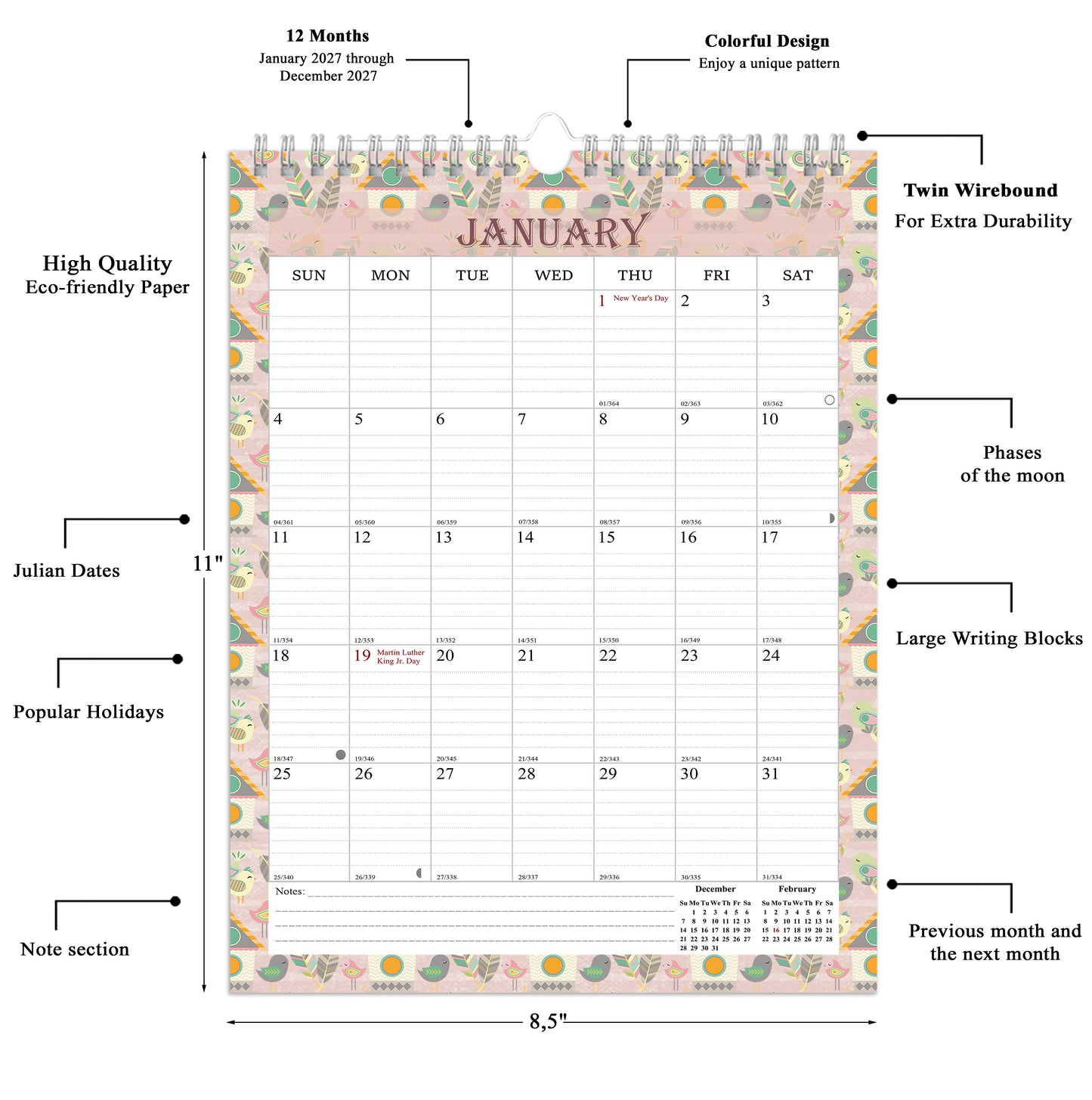 2027 Wall Calendar Spiral-Bound Twin-Wire Binding - 12 Months  16