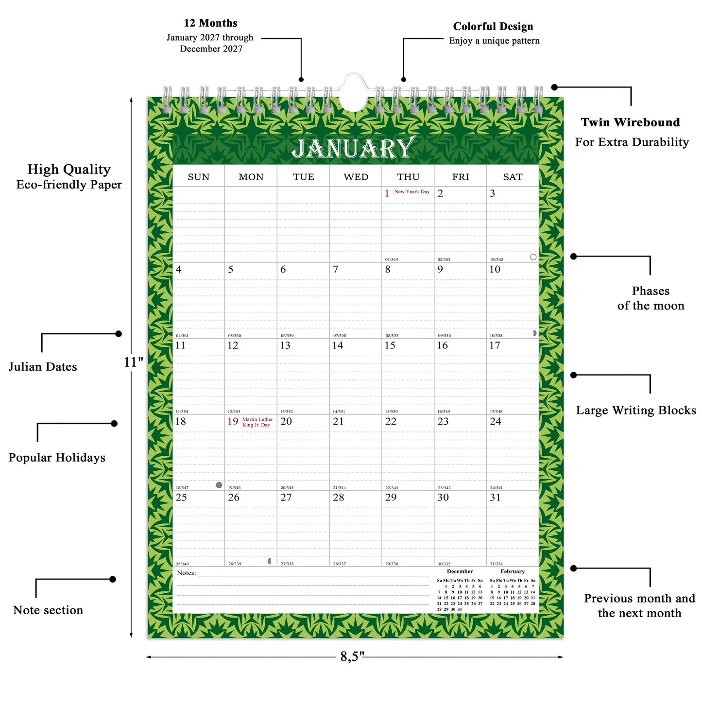 2027 Wall Calendar Spiral-Bound Twin-Wire Binding - 12 Months  13