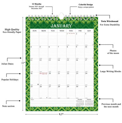 2027 Wall Calendar Spiral-Bound Twin-Wire Binding - 12 Months  13