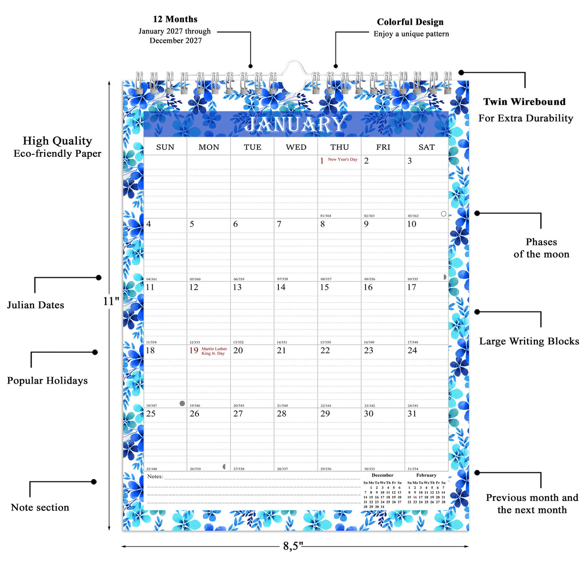 2027 Wall Calendar Spiral-Bound Twin-Wire Binding - 12 Months  01