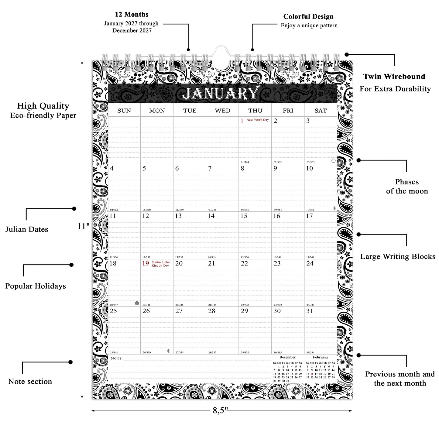 2027 Wall Calendar Spiral-Bound Twin-Wire Binding - 12 Months  06