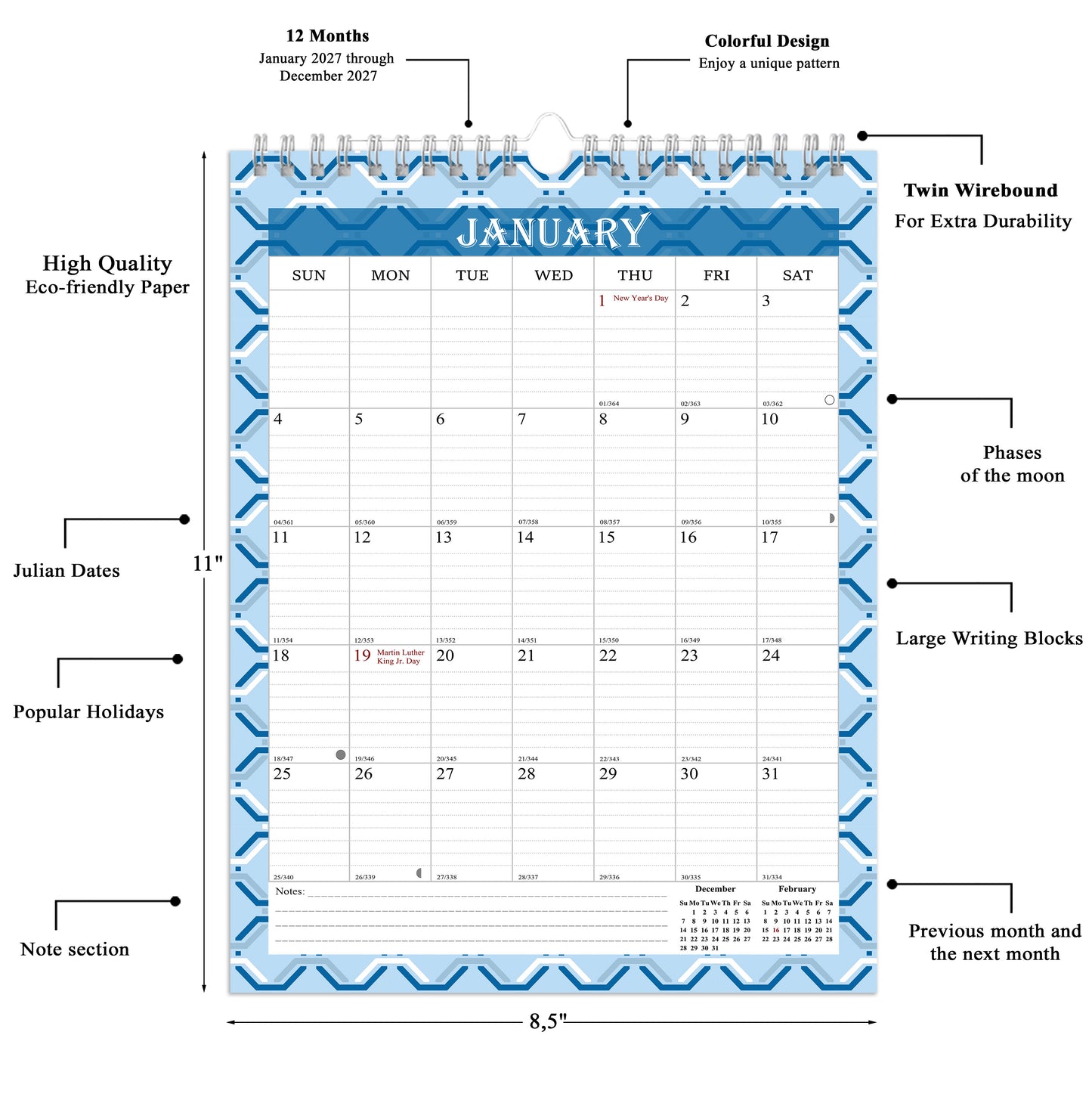 2027 Wall Calendar Spiral-Bound Twin-Wire Binding - 12 Months  03