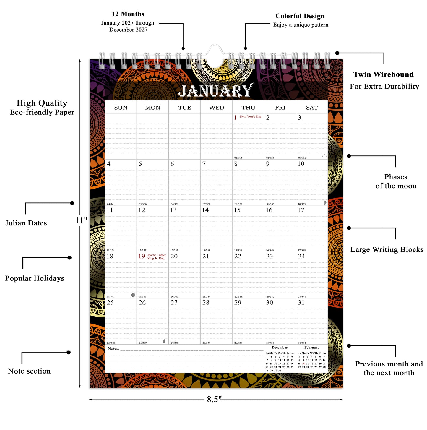 2027 Wall Calendar Spiral-Bound Twin-Wire Binding - 12 Months  09