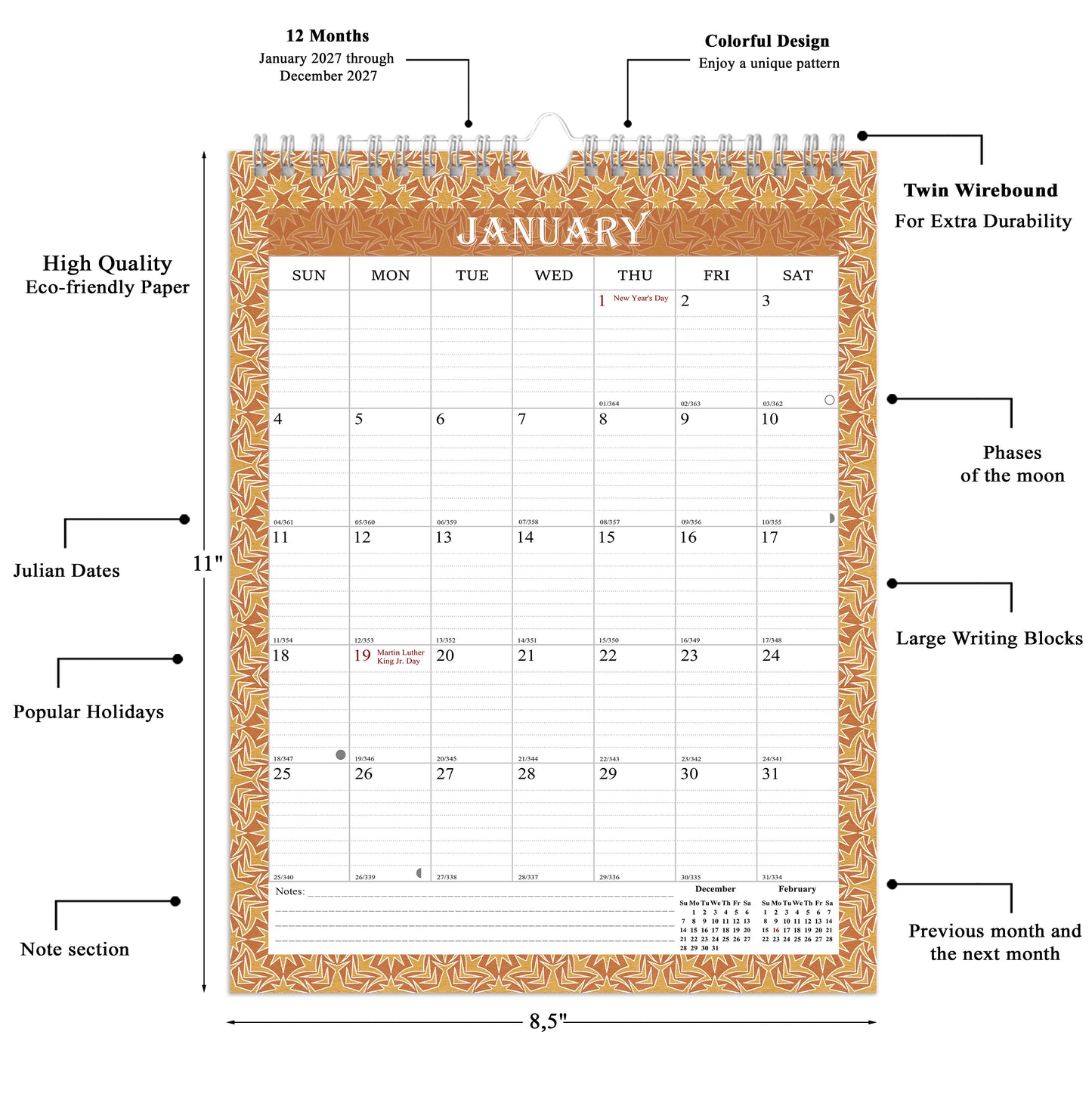 2027 Wall Calendar Spiral-Bound Twin-Wire Binding - 12 Months  02