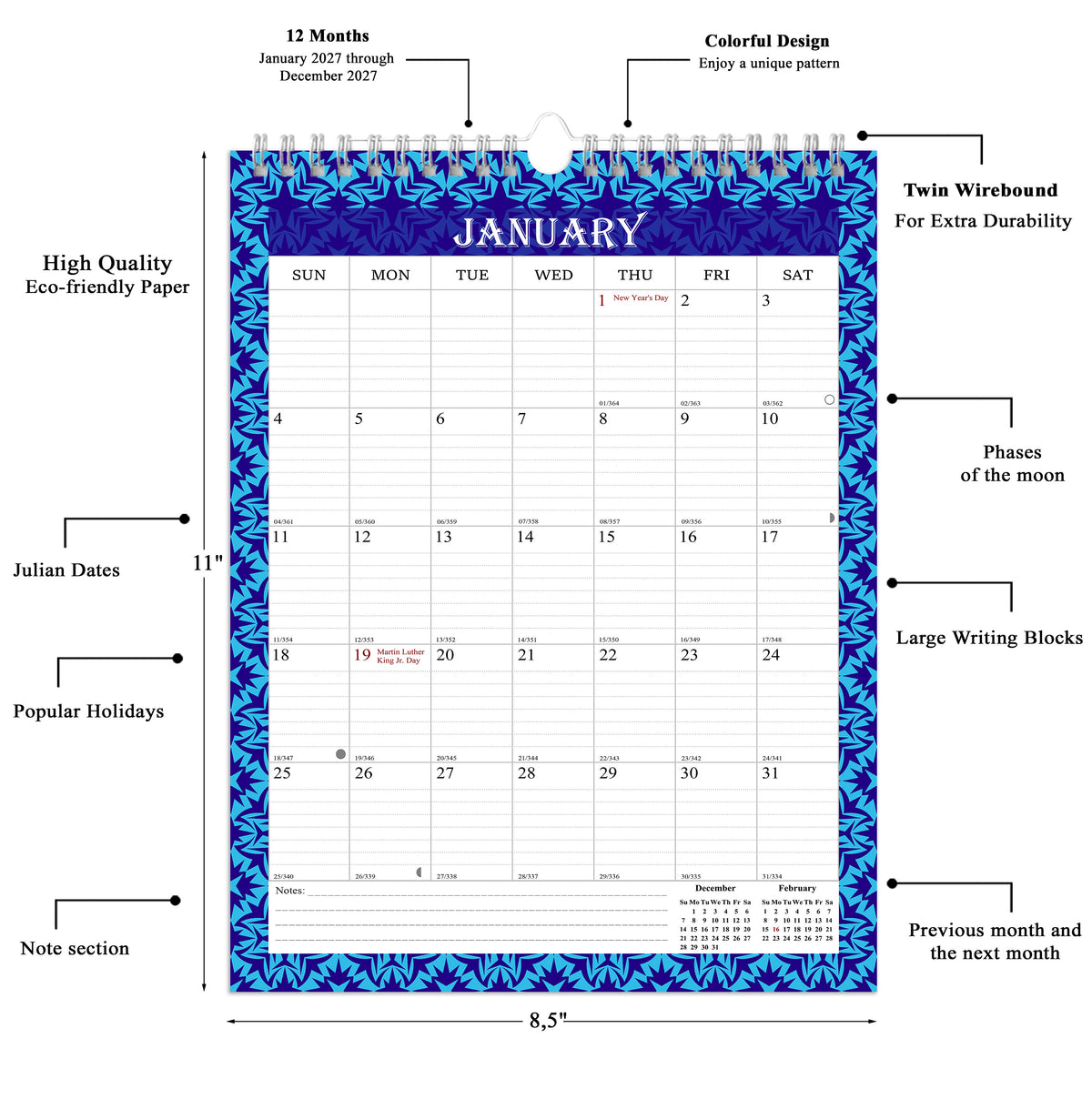2027 Wall Calendar Spiral-Bound Twin-Wire Binding - 12 Months  14