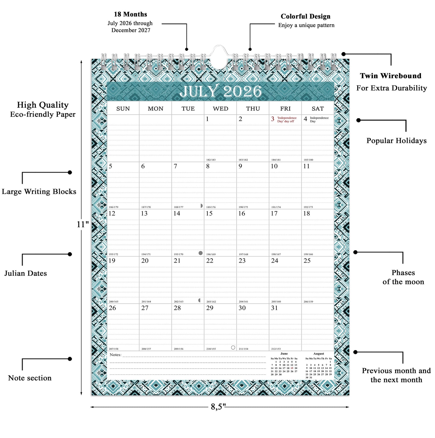 2026-2027 Wall Calendar Spiral-bound Twin-Wire Binding - 18 Months 8.5" x 11" 018