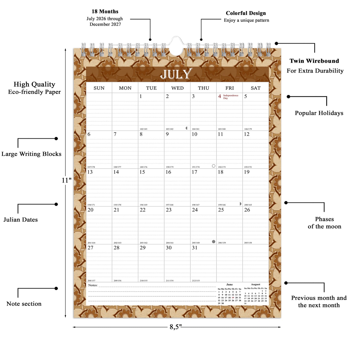 2026-2027 Wall Calendar Spiral-bound Twin-Wire Binding - 18 Months 8.5" x 11" 02