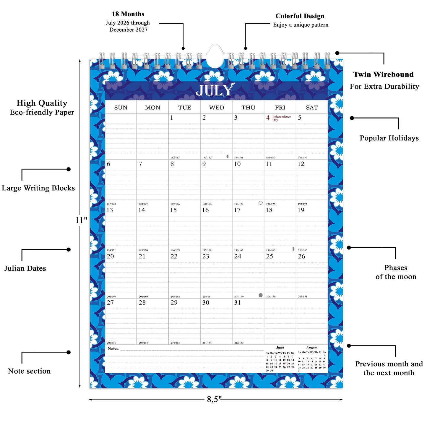 2026-2027 Wall Calendar Spiral-bound Twin-Wire Binding - 18 Months 8.5" x 11" 014