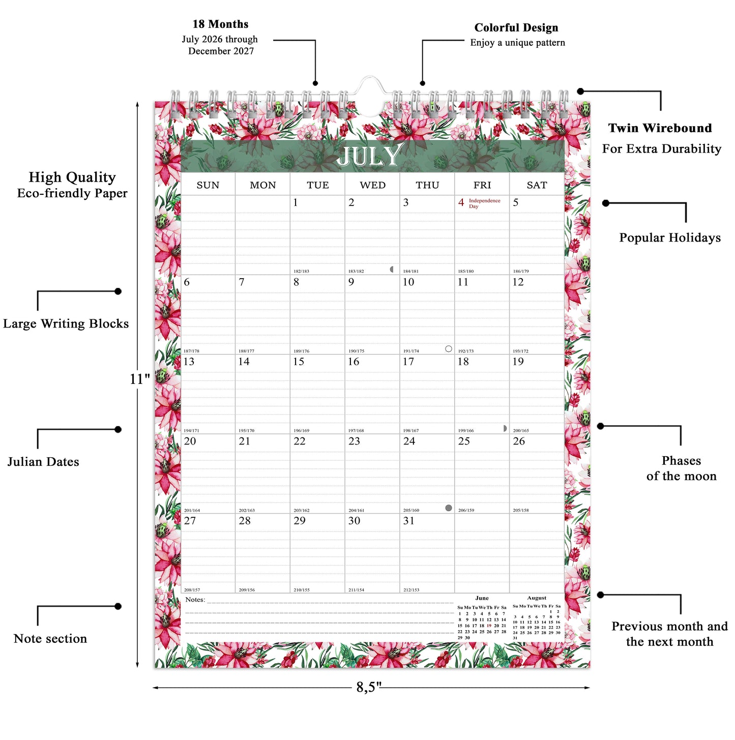 2026-2027 Wall Calendar Spiral-bound Twin-Wire Binding - 18 Months 8.5" x 11" 01