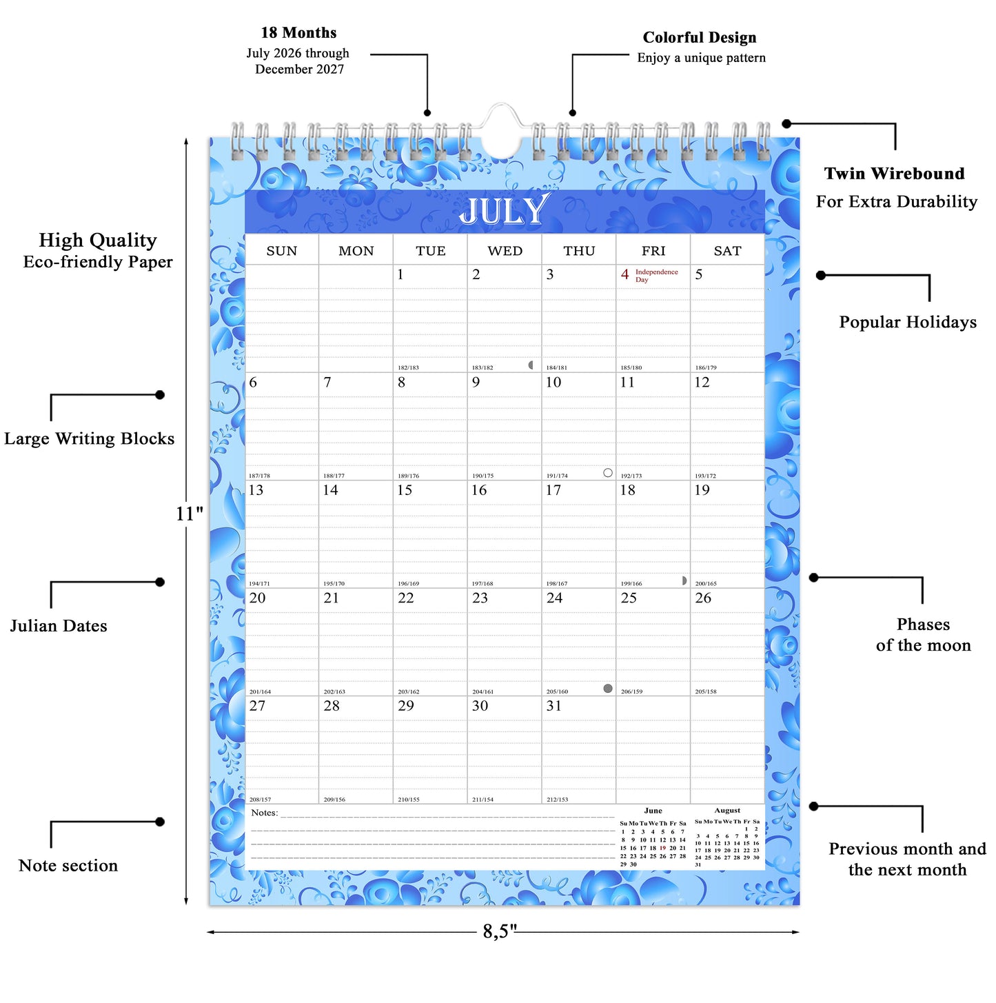2026-2027 Wall Calendar Spiral-bound Twin-Wire Binding - 18 Months 8.5" x 11" 015
