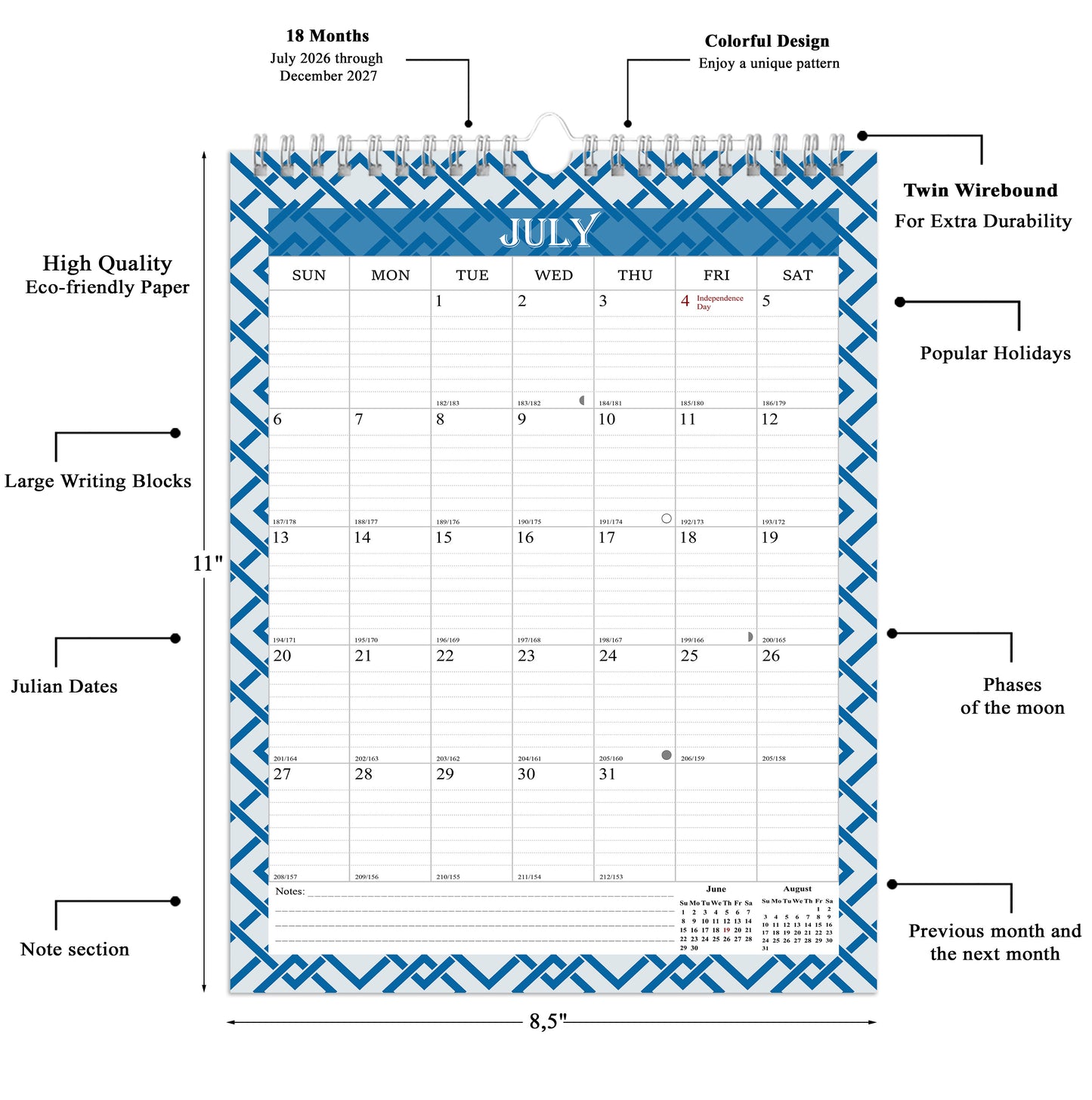 2026-2027 Wall Calendar Spiral-bound Twin-Wire Binding - 18 Months 8.5" x 11" 03