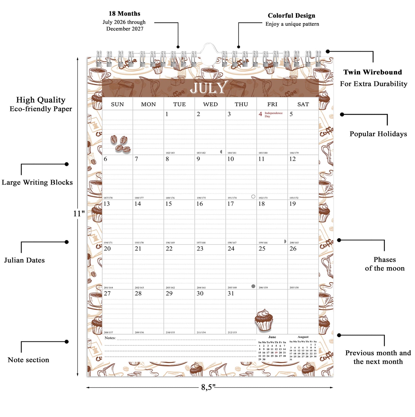 2026-2027 Wall Calendar Spiral-bound Twin-Wire Binding - 18 Months 8.5" x 11" 010