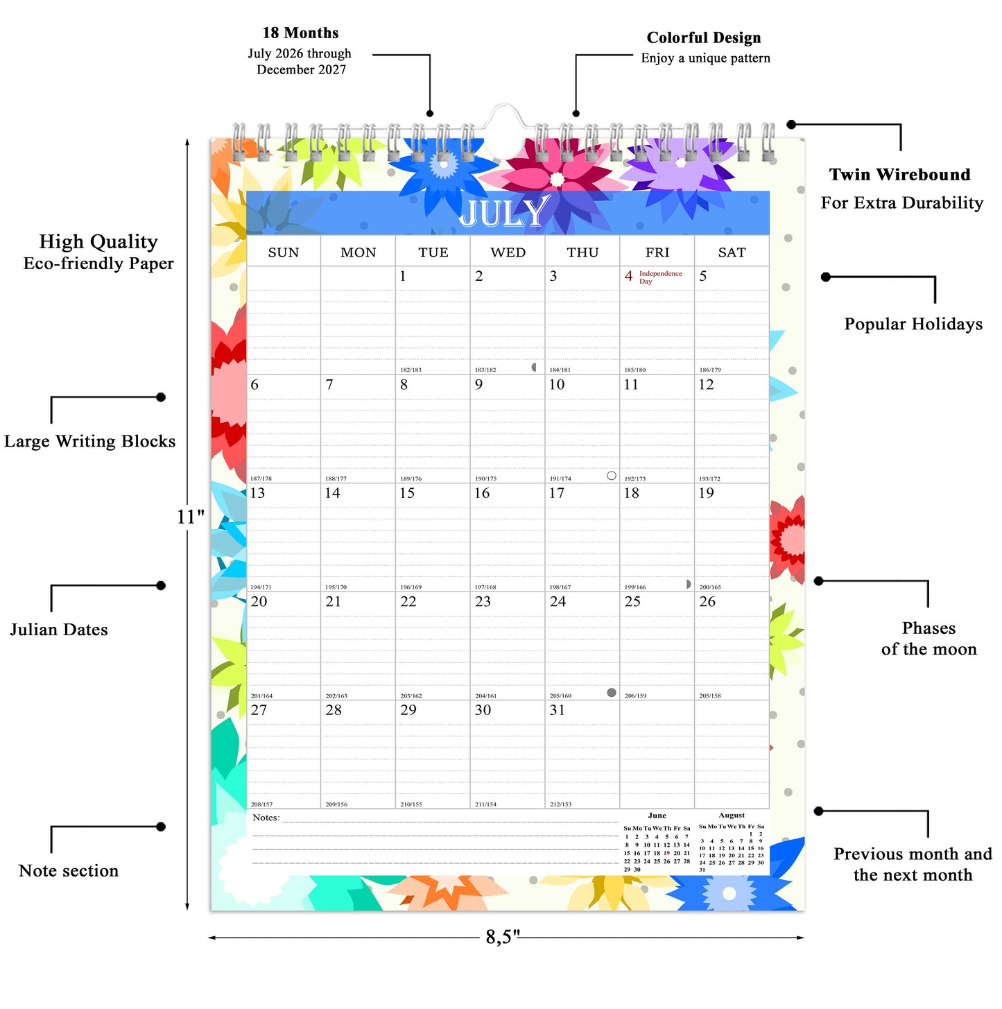 2026-2027 Wall Calendar Spiral-bound Twin-Wire Binding - 18 Months 8.5" x 11" 05