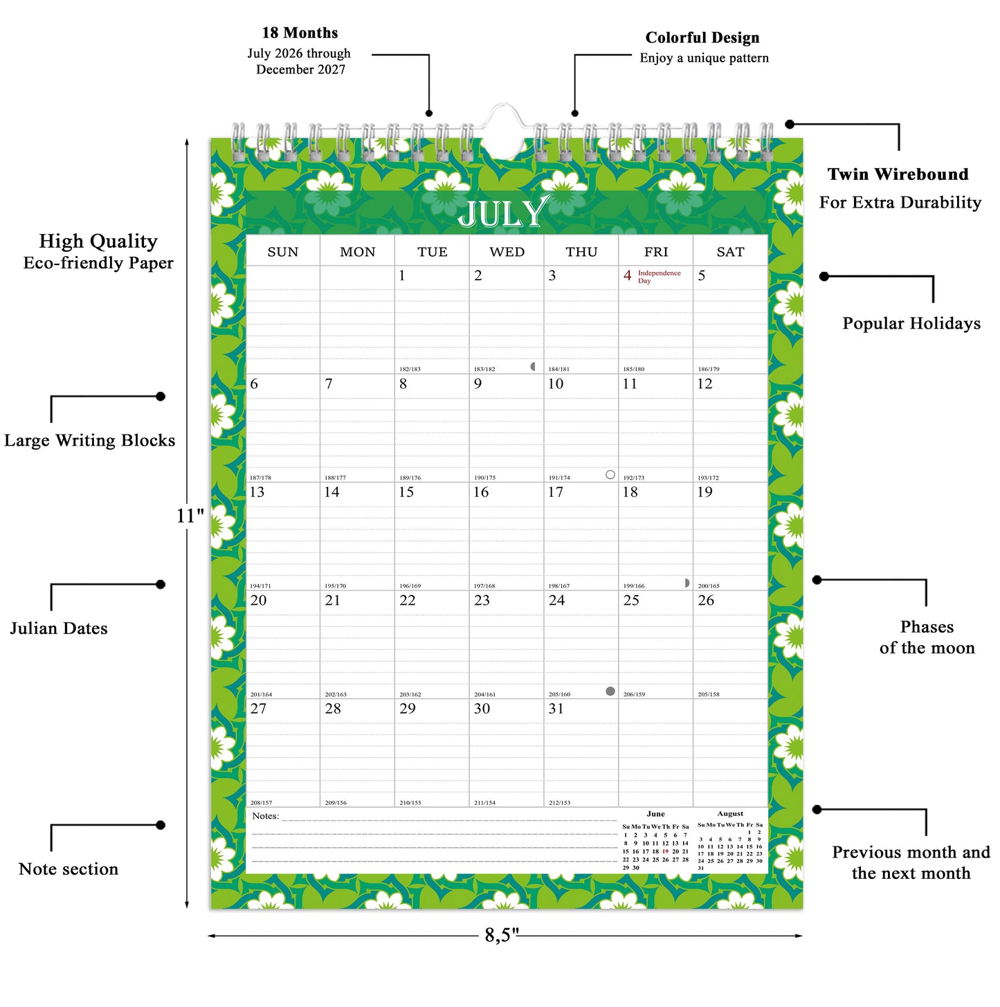 2026-2027 Wall Calendar Spiral-bound Twin-Wire Binding - 18 Months 8.5" x 11" 013