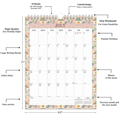 2026-2027 Wall Calendar Spiral-bound Twin-Wire Binding - 18 Months 8.5" x 11" 016