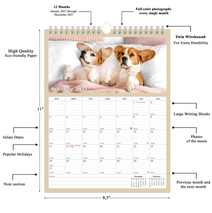 2027 Wall Calendar Spiral-bound Twin-Wire Binding - 12 Months Planner - Large Ruled Blocks with Julian Dates - (Dogs)
