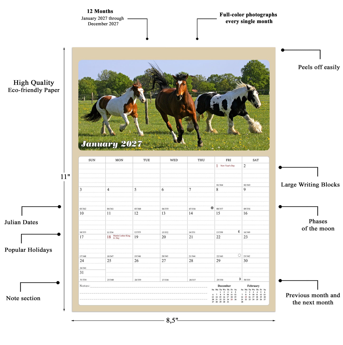 2026 - 2027 Calendar Magnetic Peel & Stick 18 Months 8.5" x 11" Horses