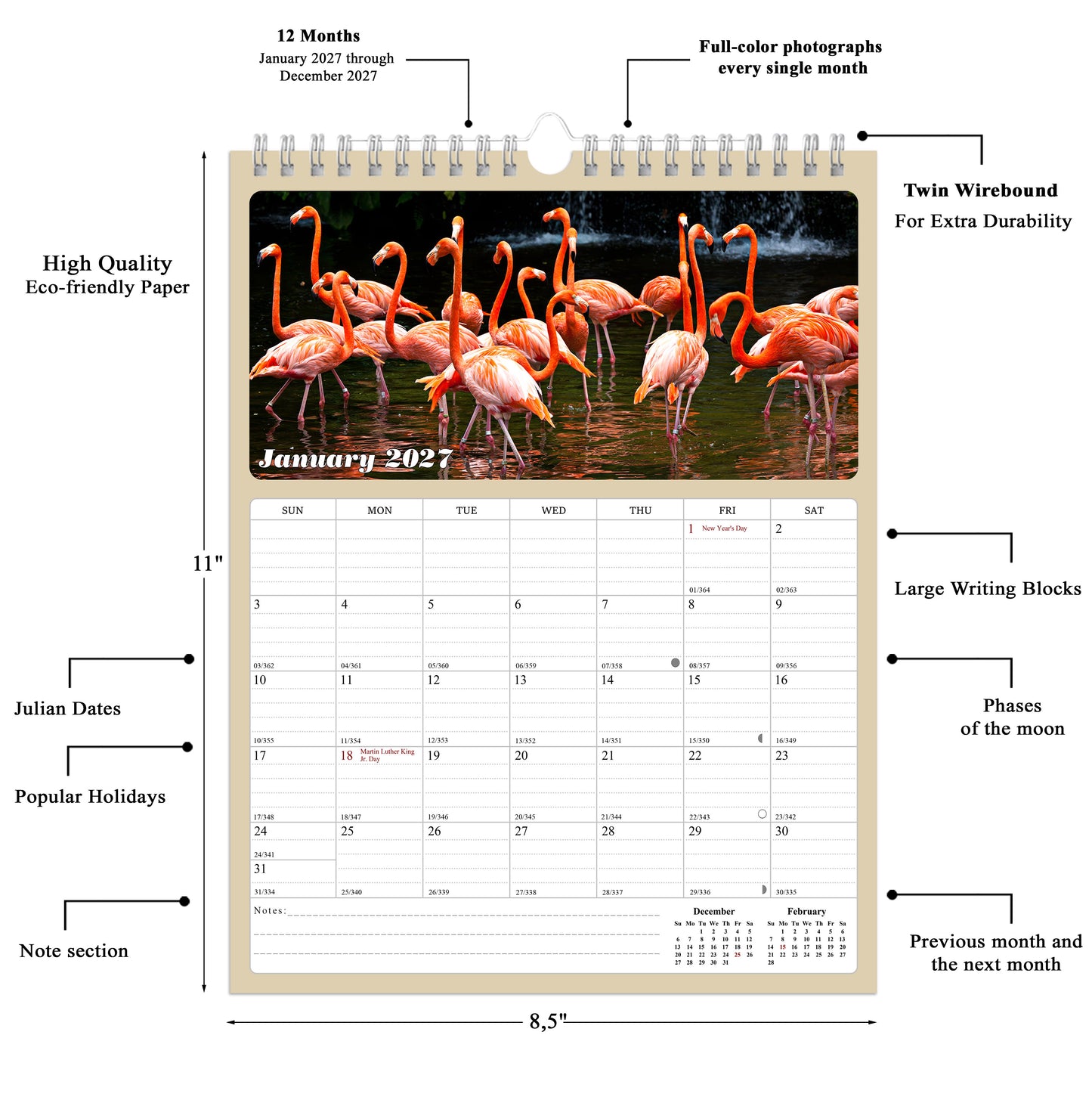 2027 Wall Calendar Spiral-bound Twin-Wire Binding - 12 Months Planner - Large Ruled Blocks with Julian Dates - (Birds)