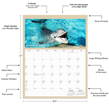 2026 - 2027 Calendar Magnetic Peel & Stick 18 Months 8.5" x 11" Dolphins