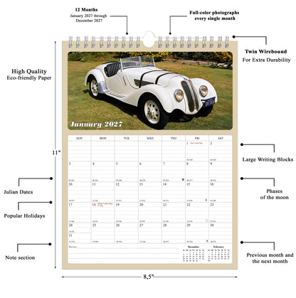 2027 Wall Calendar Spiral-bound Twin-Wire Binding - 12 Months Planner - Large Ruled Blocks with Julian Dates - (Classic Cars)