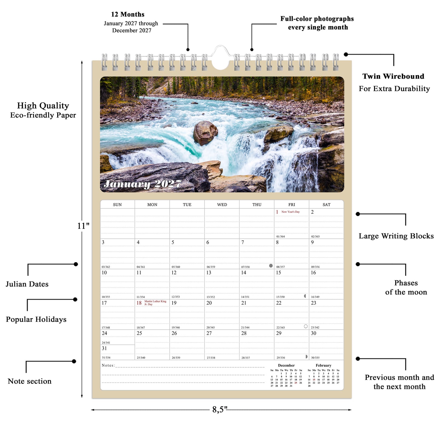 2027 Wall Calendar Spiral-bound Twin-Wire Binding - 12 Months Planner - Large Ruled Blocks with Julian Dates - (The Great Outdoors)
