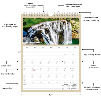 2027 Wall Calendar Spiral-bound Twin-Wire Binding - 12 Months Planner - Large Ruled Blocks with Julian Dates - (Waterfalls)