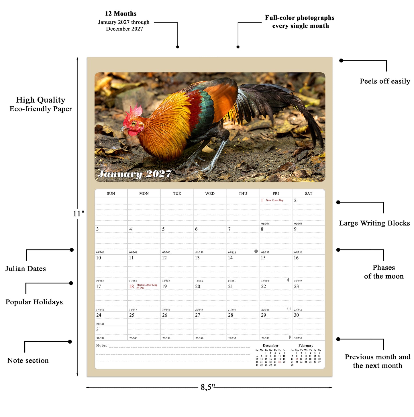 2027 Calendar Magnetic Peel & Stick 12 Months 8.5" x 11" Roosters