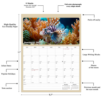 2027 Calendar Magnetic Peel & Stick 12 Months 8.5" x 11" Tropical Fish