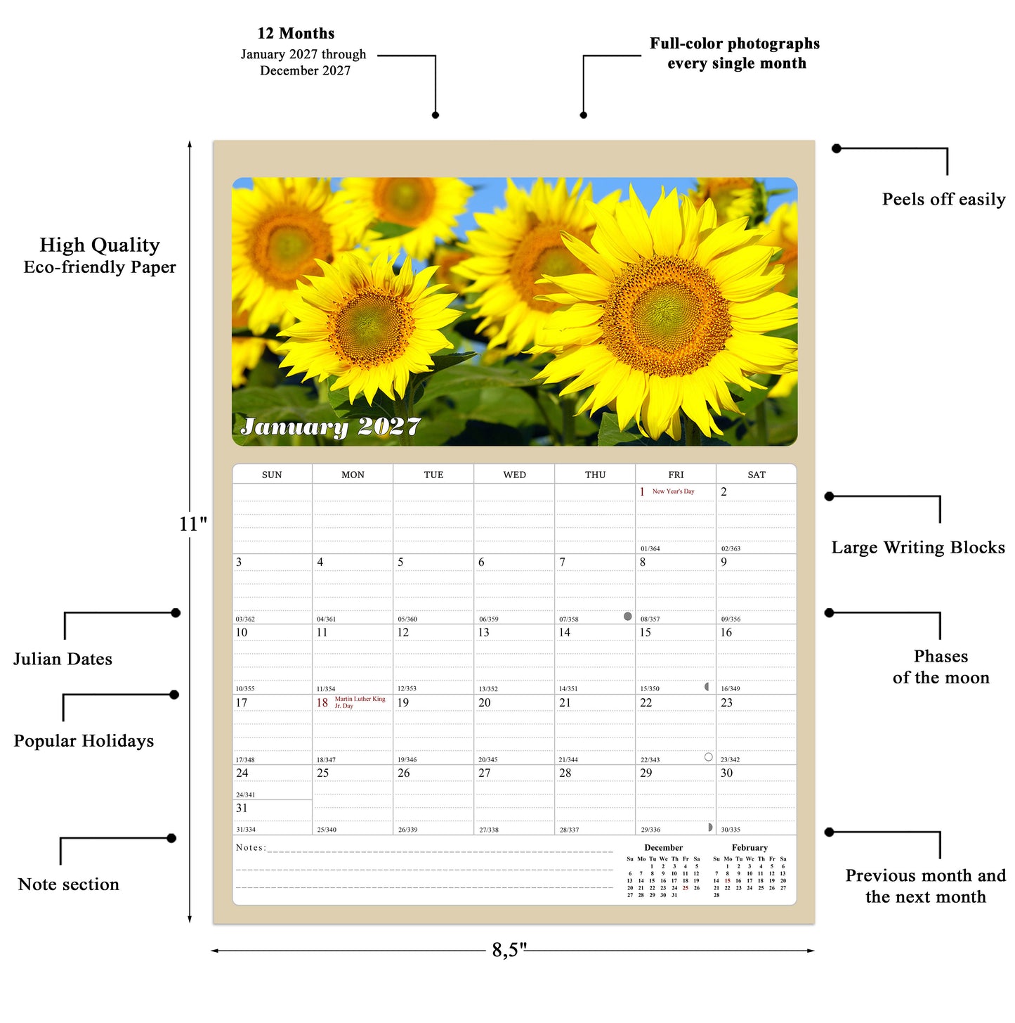 2027 Calendar Magnetic Peel & Stick 12 Months 8.5" x 11" Sunflowers