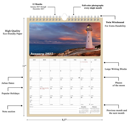 2027 Wall Calendar Spiral-bound Twin-Wire Binding - 12 Months Planner - Large Ruled Blocks with Julian Dates - (Lighthouses)