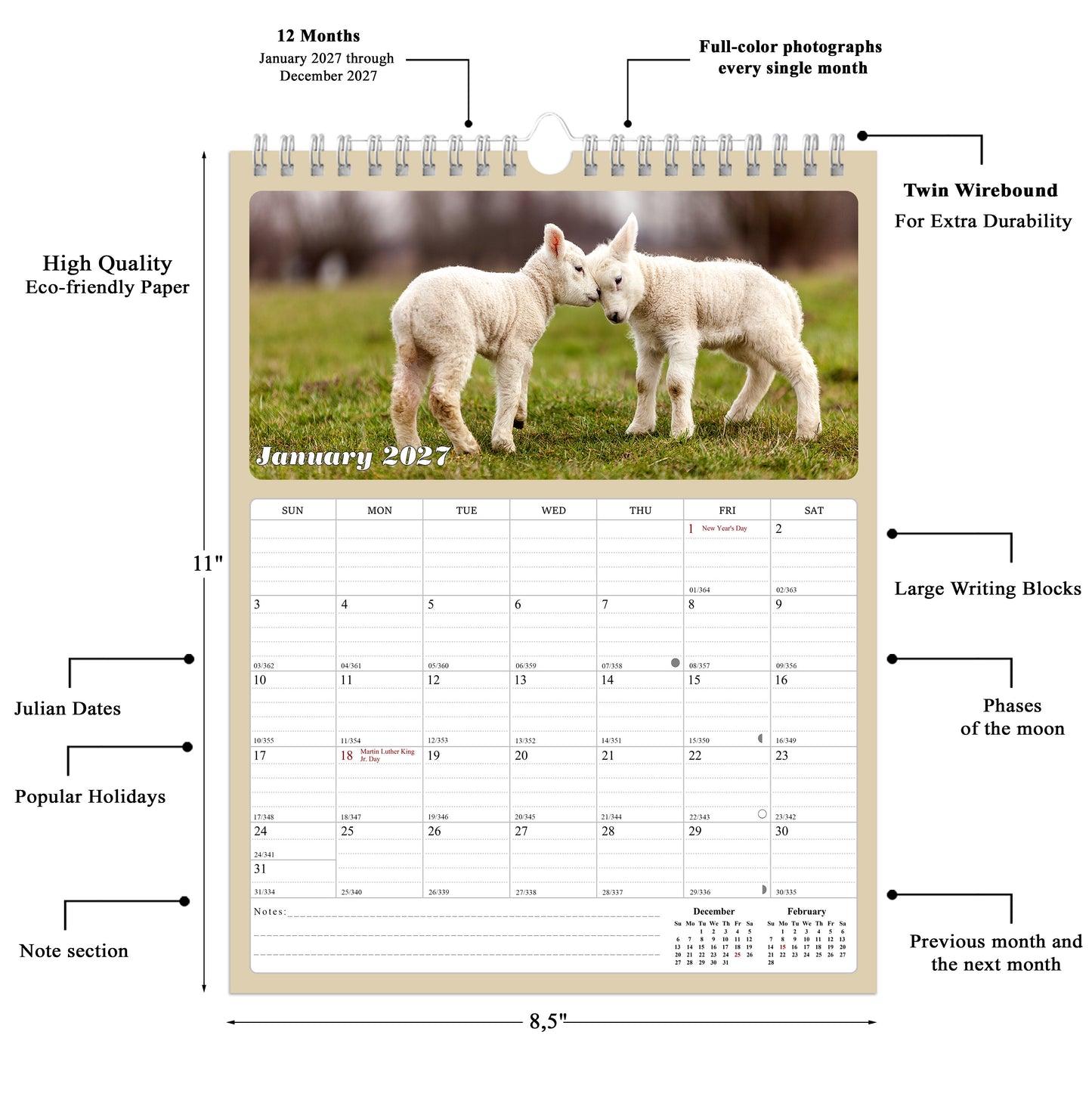 2027 Wall Calendar Spiral-bound Twin-Wire Binding - 12 Months Planner - Large Ruled Blocks with Julian Dates - (Baby Animals)