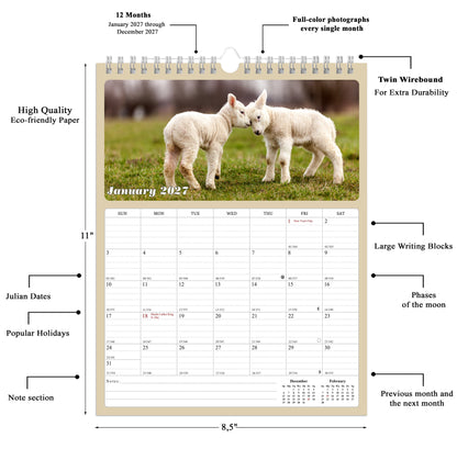 2027 Wall Calendar Spiral-bound Twin-Wire Binding - 12 Months Planner - Large Ruled Blocks with Julian Dates - (Baby Animals)