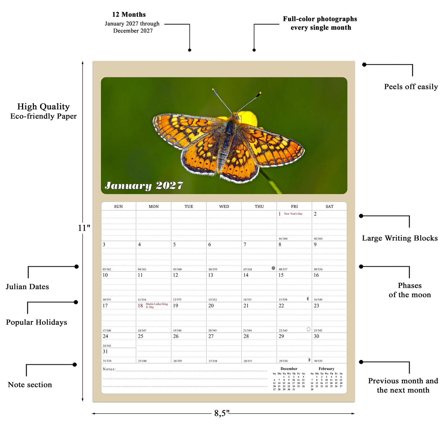 2026 - 2027 Calendar Magnetic Peel & Stick 18 Months 8.5" x 11" Butterflyes