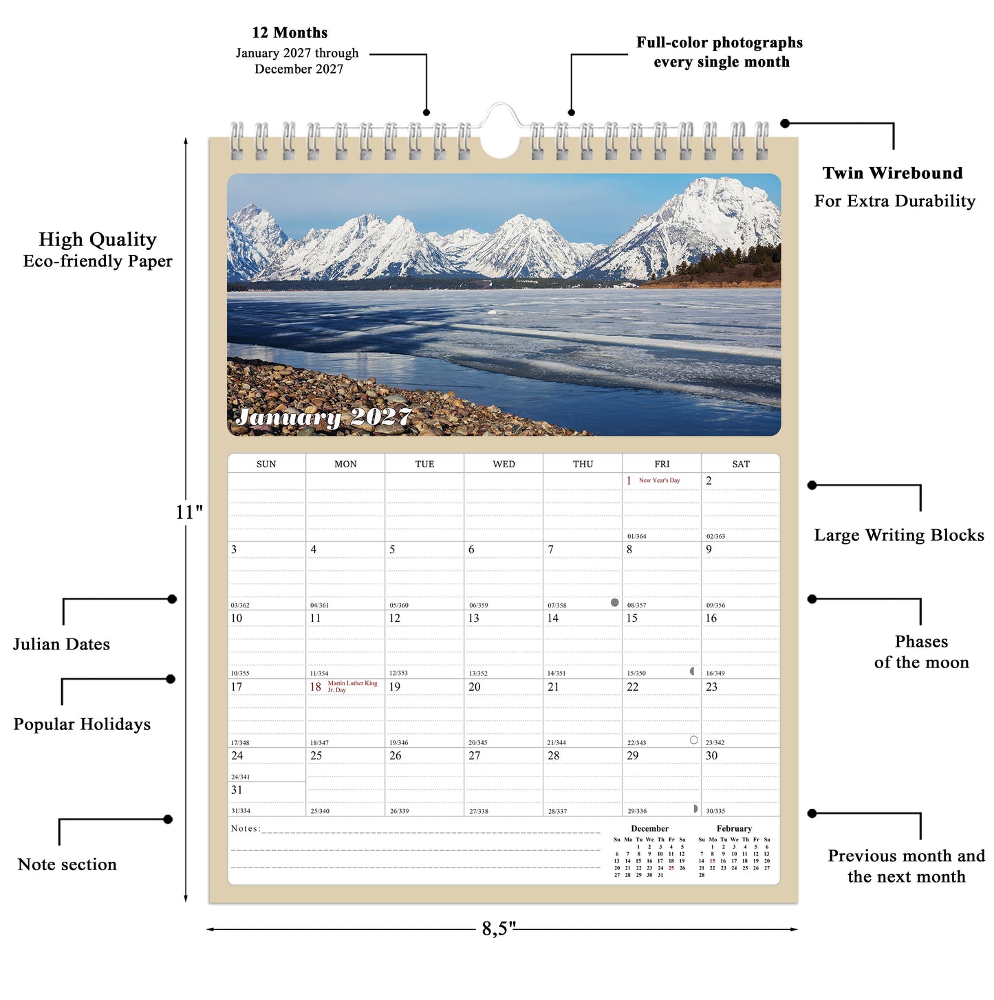 2027 Wall Calendar Spiral-bound Twin-Wire Binding - 12 Months Planner - Large Ruled Blocks with Julian Dates - (National Parks)