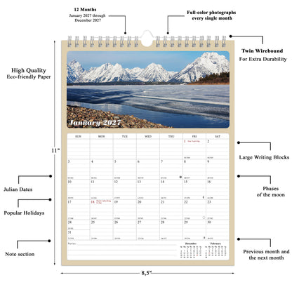 2027 Wall Calendar Spiral-bound Twin-Wire Binding - 12 Months Planner - Large Ruled Blocks with Julian Dates - (National Parks)
