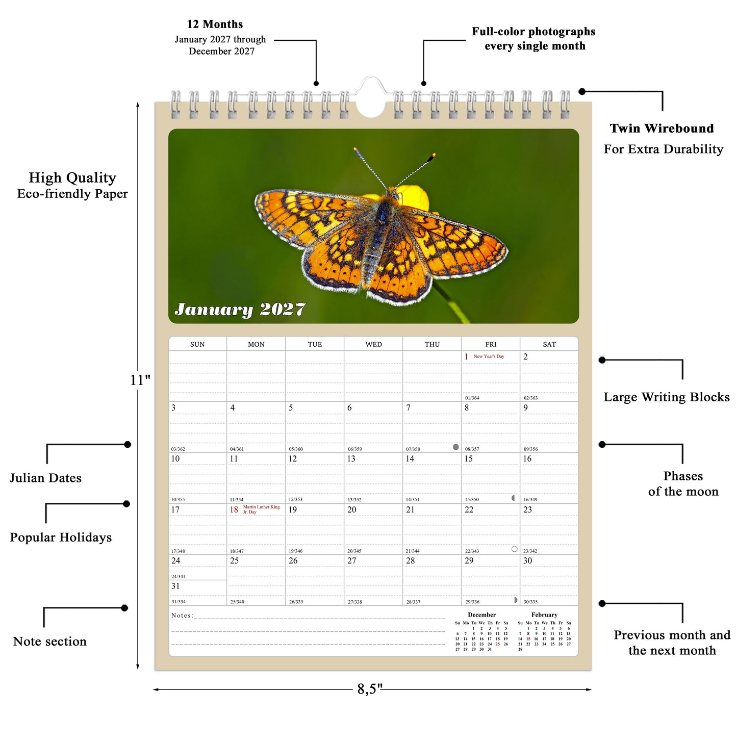2027 Wall Calendar Spiral-bound Twin-Wire Binding - 12 Months Planner - Large Ruled Blocks with Julian Dates - (Butterfly)