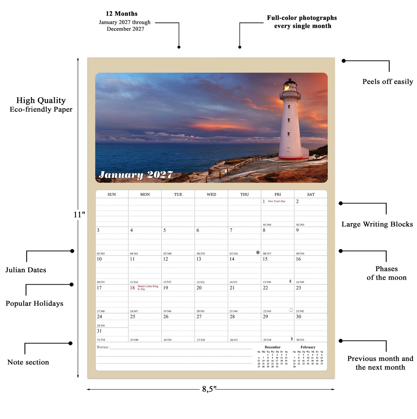 2026 - 2027 Calendar Magnetic Peel & Stick 18 Months 8.5" x 11" Lighthouses