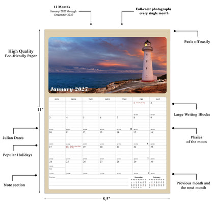 2026 - 2027 Calendar Magnetic Peel & Stick 18 Months 8.5" x 11" Lighthouses