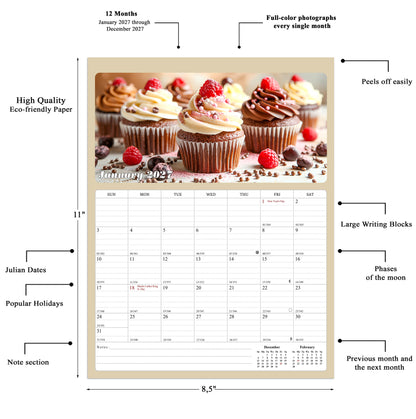 2027 Calendar Magnetic Peel & Stick 12 Months 8.5" x 11" Cupcakes