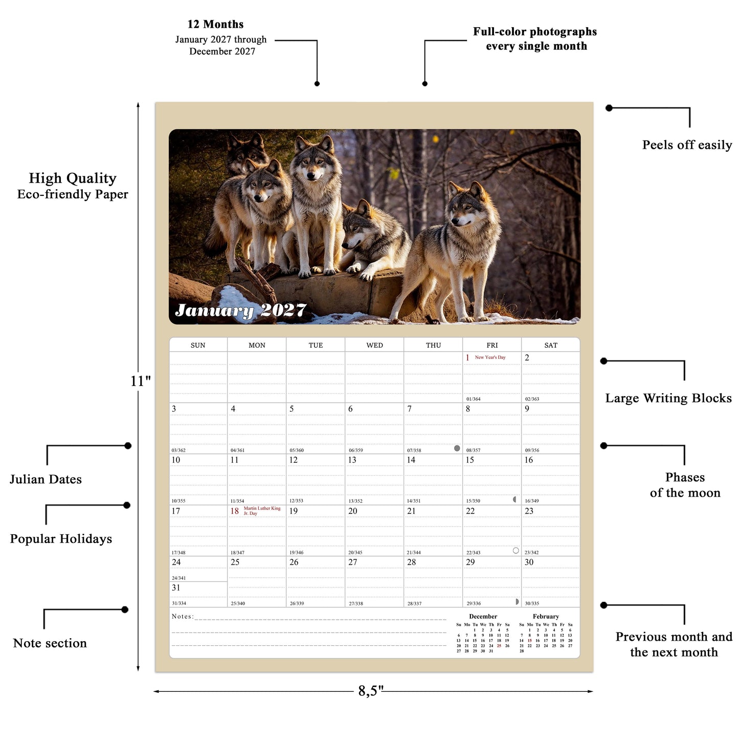 2027 Calendar Magnetic Peel & Stick 12 Months 8.5" x 11" Woolfs