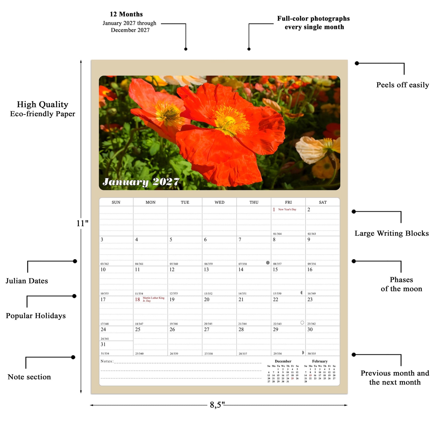 2026 - 2027 Calendar Magnetic Peel & Stick 18 Months 8.5" x 11" Flowers