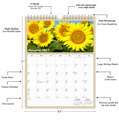 2027 Wall Calendar Spiral-bound Twin-Wire Binding - 12 Months Planner - Large Ruled Blocks with Julian Dates - (Sunflowers)