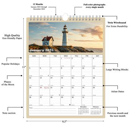 2025 Wall Calendar Spiral-bound Twin-Wire Binding - 12 Months Planner - Large Ruled Blocks with Julian Dates - (Lighthouses)