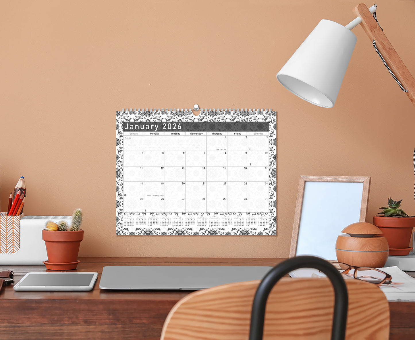 2025-2026 Monthly Spiral-Bound Wall/Desk Calendar - Desktop/Wall Blotter Calendar/Planner - (Edition B&W #014)