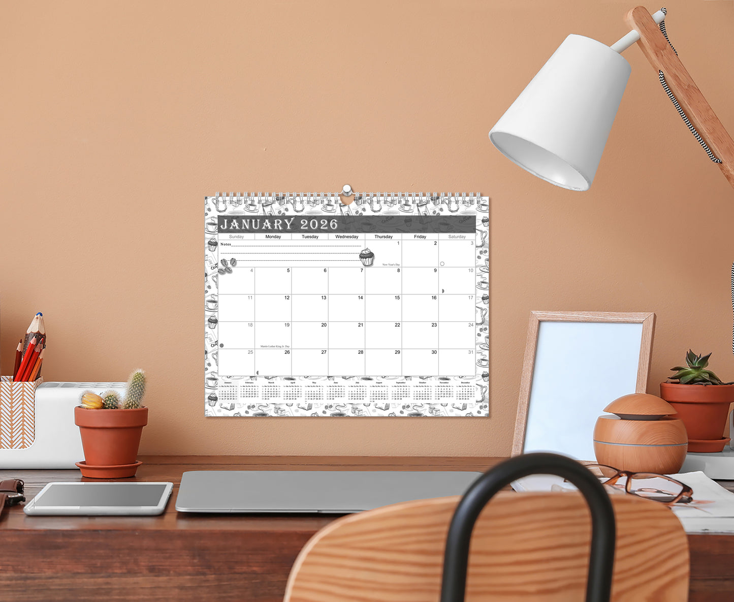 2025-2026 Monthly Spiral-Bound Wall/Desk Calendar - Desktop/Wall Blotter Calendar/Planner - (Edition B&W #030)