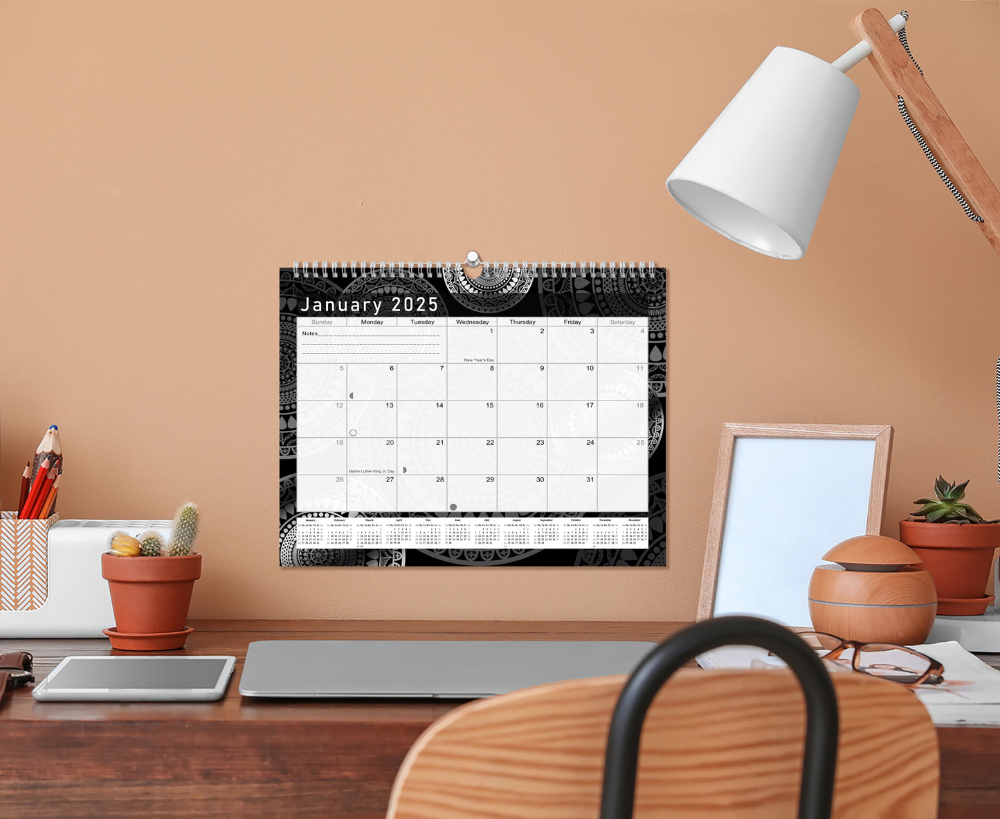 2024-2025 Monthly Spiral-Bound Wall/Desk Calendar - Desktop/Wall Blotter Calendar/Planner - (Edition B&W #012)