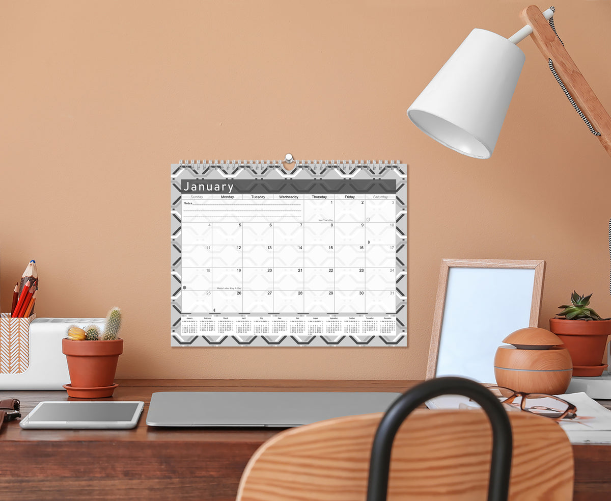 2026-2027 Monthly Spiral-Bound Wall/Desk Calendar - Desktop/Wall Blotter Calendar/Planner - (Edition Geometric B&W #04)