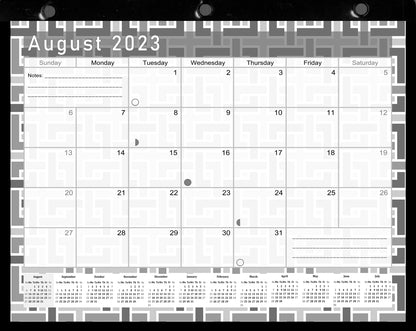 2023-2024 Academic Year 12 Months Student Calendar/Planner in Protective Sleeve for 3-Ring Binder, Desk or Wall - Black&White -v014