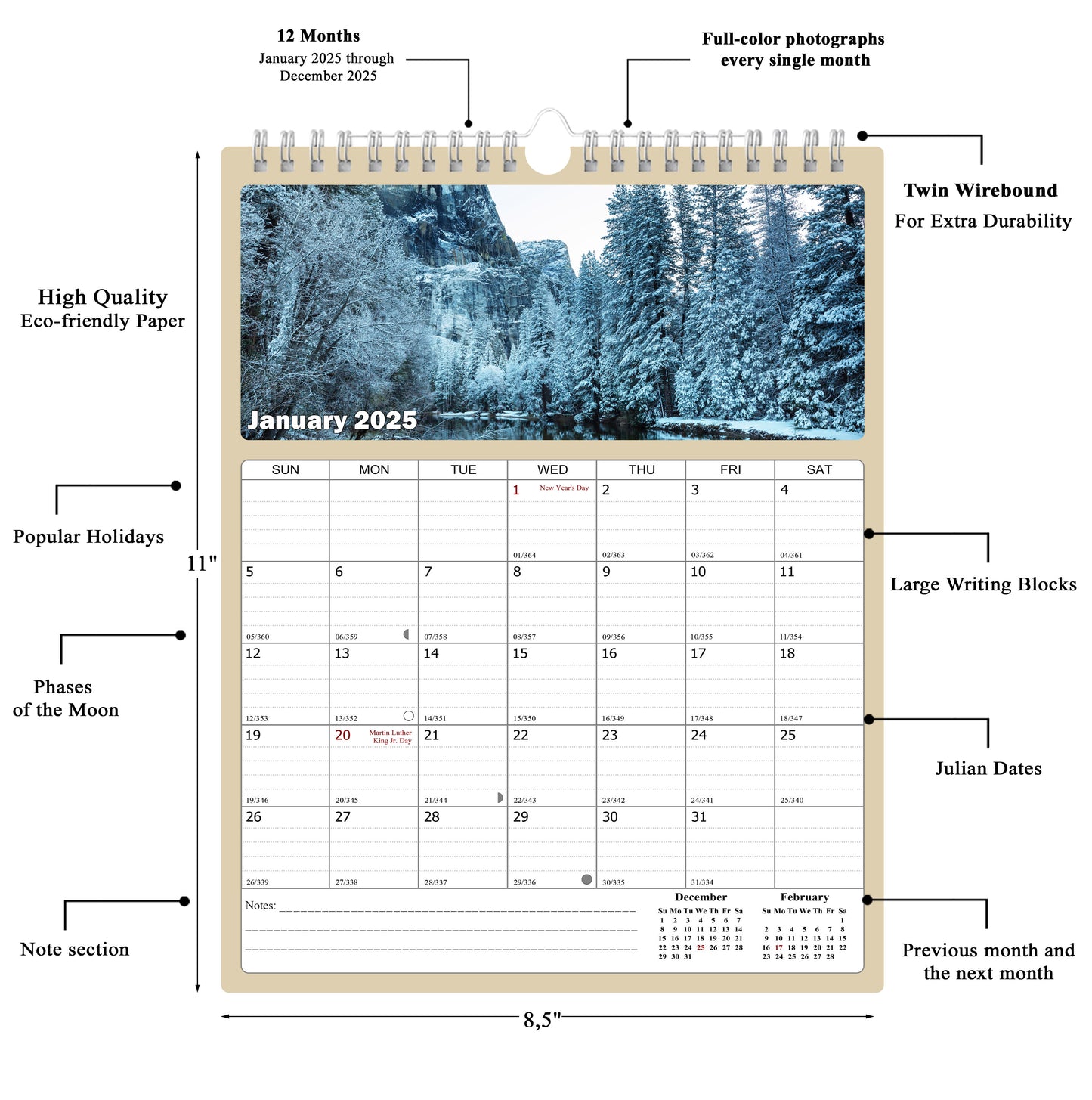 2025 Wall Calendar Spiral-bound Twin-Wire Binding - 12 Months Planner - Large Ruled Blocks with Julian Dates - (National Parks)